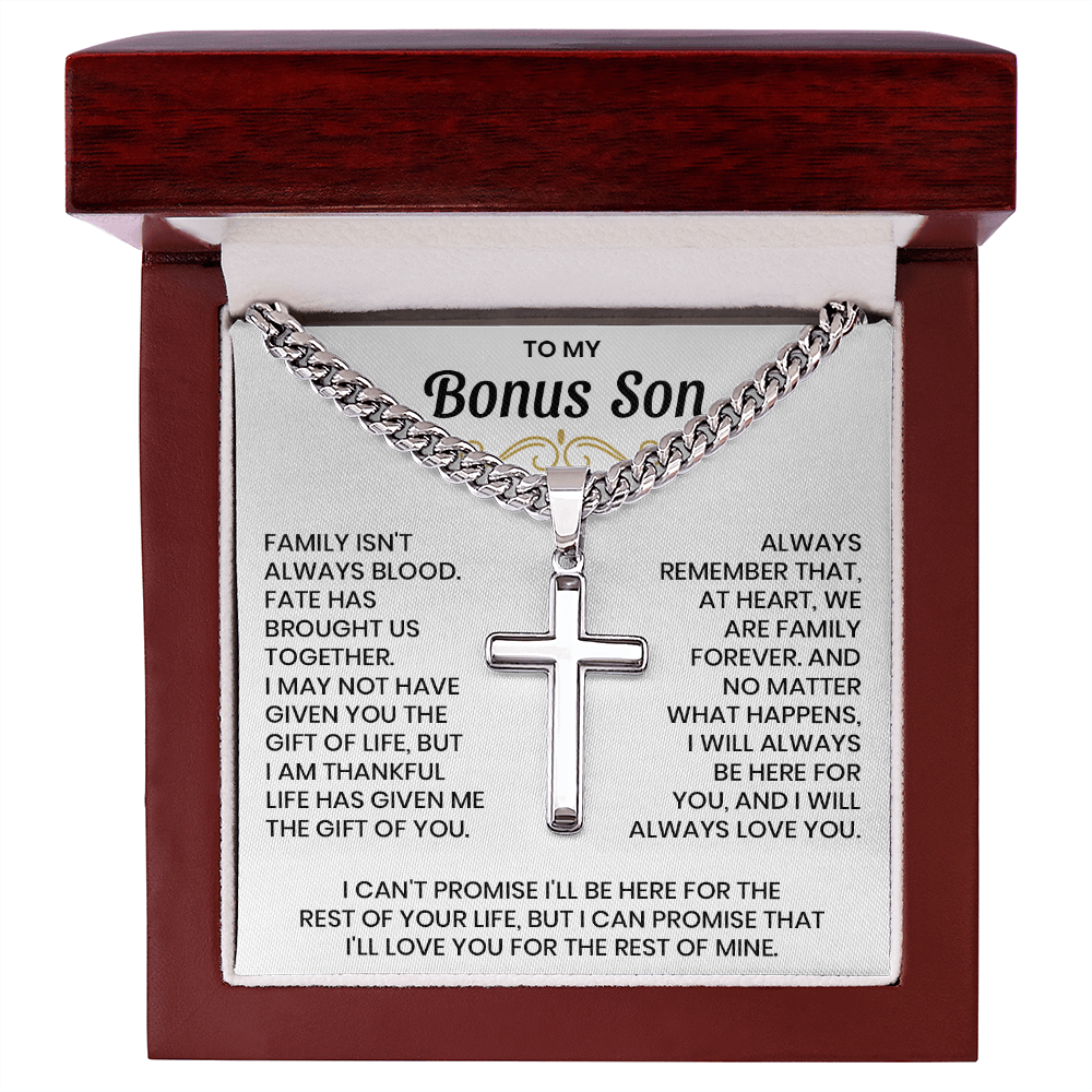 To My Bonus Son - "My Family Forever" Artisan Cross Cuban Link Chain
