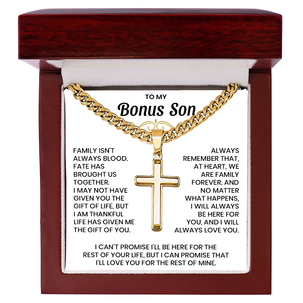 To My Bonus Son - "My Family Forever" Artisan Cross Cuban Link Chain