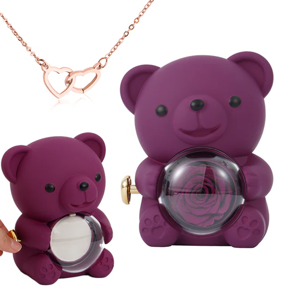 Rose Bear Giftbox - Engraved Heart Necklace