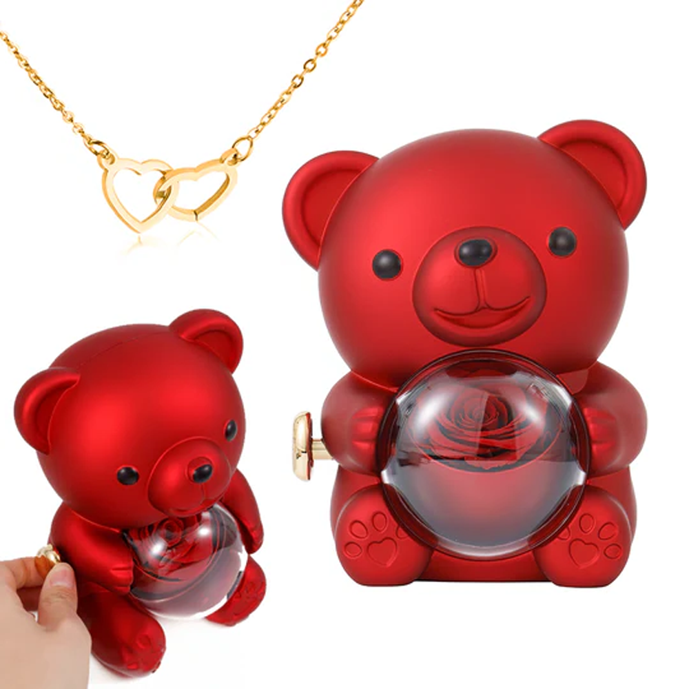 Rose Bear Giftbox - Engraved Heart Necklace